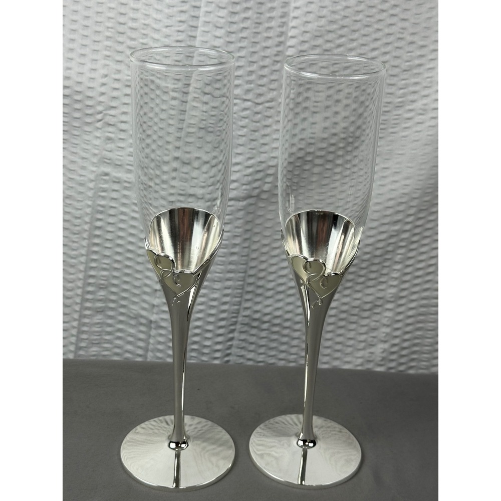 2 LENOX FOREVERMORE Crystal Silverplate Heart Wedding Toast Champagne Flutes NIB